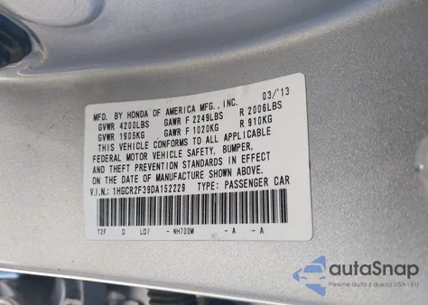 2013 Honda Accord Lx из США, поврежденный, VIN 1HGCR2F39DA152229